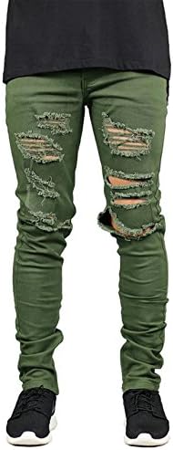 Men's Army Green Distressed Destroyed Ripped Slim Fit Skinny Stretch Denim Jeans W34