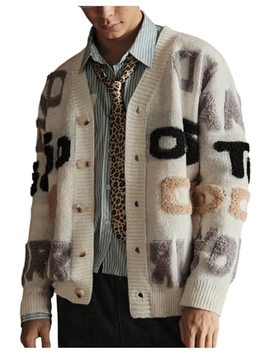 SHENHE Men's Oversized Cardigan Sweater Chunky Button Down Letter Print Cardigan Streetwear