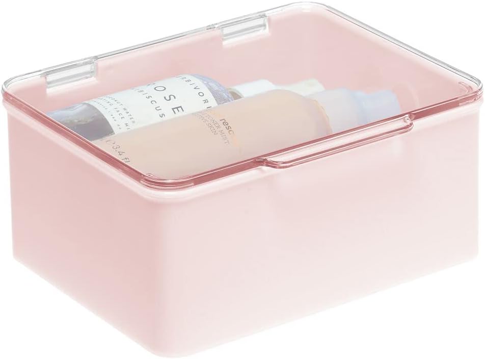 mDesign Plastic Stackable Bathroom Vanity Countertop Storage Cosmetic Organizer Box with Hinged Lid for Makeup, Beauty, Hair, Nail Supplies - Light Pink/Clear