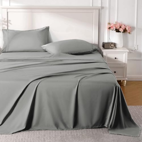 ROSE&RISY Light Grey Queen Sheet Set, 4 Pieces Soft Bedding Queen Sheet Set, Breathable and Cooling,Includes 1 Fitted, 1 Flat, 2 Pillow Cases - Deep Pocket (Light Grey, Queen)