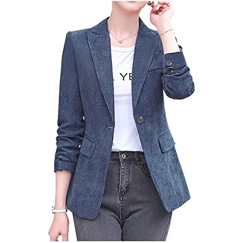 Ladyful Women's Slim Fit Corduroy Blazer Coat Button Down Long Sleeve Work Office Outerwear, Light Blue, XXL Cover