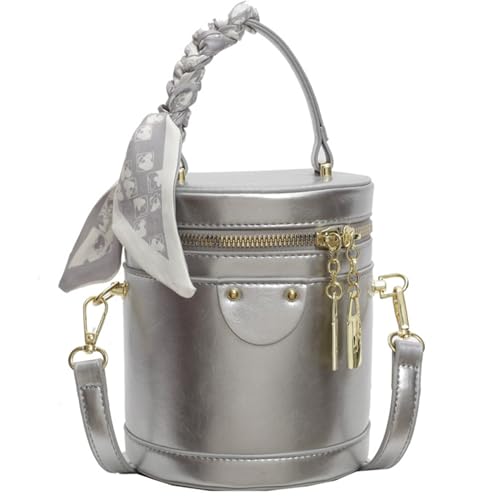 Cylinder Bucket Crossbody Bag for Women Vegan Leather Retro Handbag Small Top Handle Casual Purses Shoulder (Silvery)