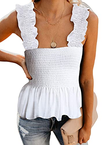 Actloe Women Ruched Tops Summer Frill Smocked Tank Top Casual Blouse Chic Strap Sleeveless Shirts Large Solid White