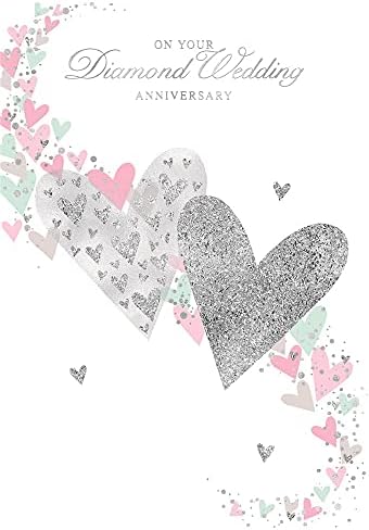 Greetings Diamond 60th Wedding Anniversary Card - Pink & Silver Foil Heart 7.75" x 5.25"