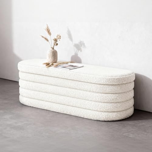 GLAXYFUR Storage Ottoman Bench 43 Inch Upholstered Entryway Shoe Seat End of Bed Stool Blanket Chest for Living Room Hallway Sherpa White