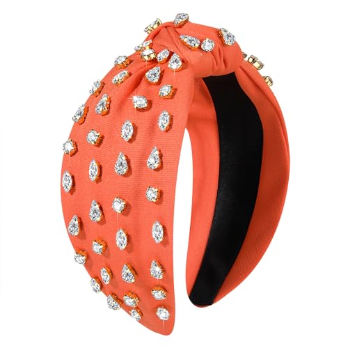 NVENF Rhinestone Knotted Headbands for Women, Crystal Beaded Jeweled Headbands, Top Knot Hairbands Womens Fashion Hairbands Summer Hair Accessories (B-Orange)