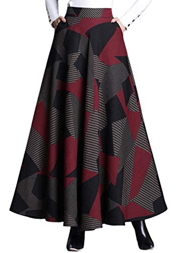 CHARTOU Women's High Waist Graphic Pleated Wool Blend Ruffle A Line Maxi Long Skirt (12, Red)