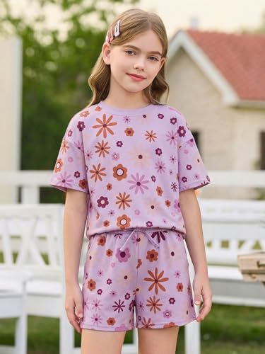 Image of Haloumoning Girls Summer 2 Piece Outfits Kids Oversized T Shirts and Shorts Clothing Sets 5-14 Years