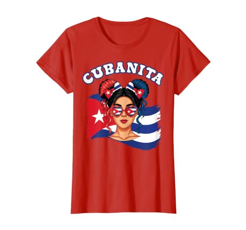 Cubanita Hispanic Heritage Messy Bun Cuban Cuba Flag Girls T-Shirt, Women, Red, Medium