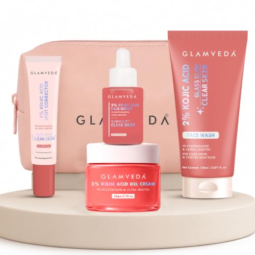 Image of Glamveda 2% Kojic Acid 4 Step Skincare Routine Facewash, Spot Corrector, Serum & Gel Cream For Remove Dark Spots, Pigmentation, Acne Scars, Clear and Glowing Skin | For Men & Women | All Skin Type