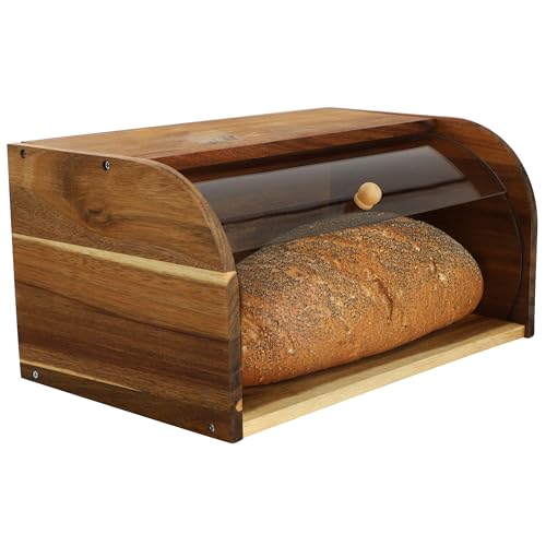 Elama Acacia Wood Bread Box with Clear Sliding Plastic Lid, Rustic Kitchen Counter Storage for Bread, Pastries, Buns & Snacks - Natural Wooden Bread Bin by Elama - Used condition - CA$59.53