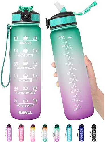 32oz/1L Leakproof BPA Free Drinking Water Bottle with Time Marker & Straw to Ensure You Drink Enough Water Throughout The Day for Fitness and Outdoor Enthusiasts (Ombre-Green Purple, 32oz/1L)
