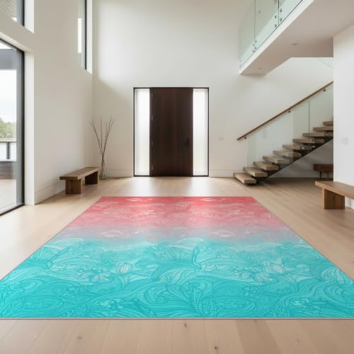 Design&I 4'x6' Coral Pink Turquoise Mermaid Design Washable Area Rug