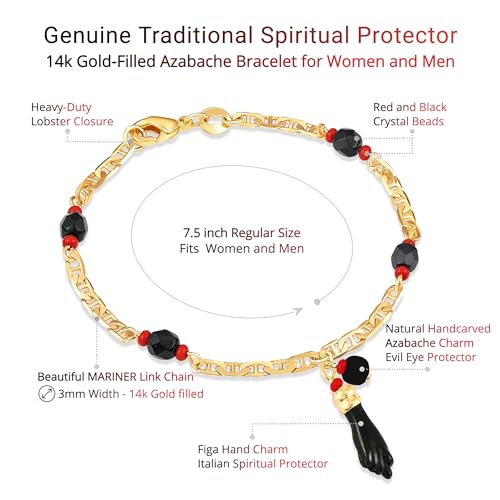 Image of Azabache Bracelet for Women and Men, Jet Stone Amulet and Figa Hand for Evil Eye Protection, 7.5 inch