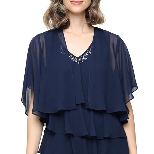 Image of S.L. Fashions Women's Chiffon Tiered Jacket Dress with Beaded Neckline Mother of the Bride, Cocktail, Or Wedding Guest Dress