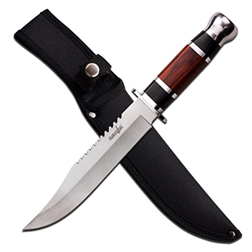 Survivor - Fixed Blade Knife - Satin Finish Clip Point Blade w/Sawback, Black and Brown Wood Handle, Nylon Sheath - HK-781L - Hunting, Camping, Survival - Prep. Survive. Thrive., Brown/Black