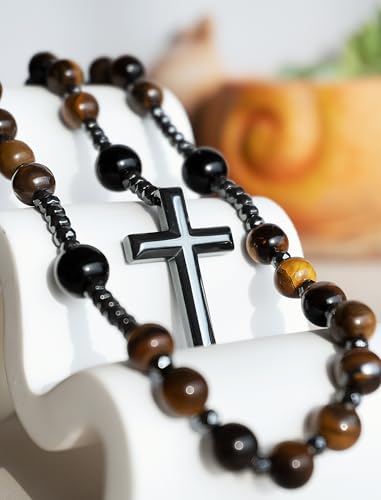 Rosary Necklace for Men,Natural Stone Cross Necklace,Handmade Catholic Rosary Beads with Tiger Eye,Lava Rocks,Obsidian & Hematite for Prayer and Meditation,29 Inches,Ideal Gift4