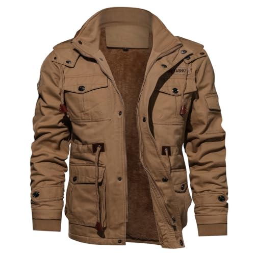 LANGWEI Brown,4XL,Men's Fleece Jacket, Winter Plus Size Mid-Length Hooded Workwear Thick Cargo Hunting Coat