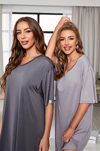 Image of ft FENTENG 2-Pack Women's Nightgowns Short Sleeve Nightshirt V Neck Soft Sleepwear Casual Sleepshirts Loose Pajama Dress