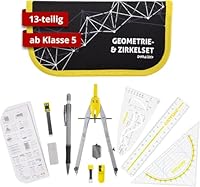 DynaTech Zirkel Set Geometrieset 13-Teilig mit Schnellverstellzirkel, Geodreieck, Parabel, Bleistift, Lineal, Spitzer und Ersatzminen im Etui - praktisches Mathematik-Set inkl. Federmappe (Gelb)