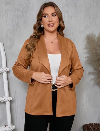 KOJOOIN Women Plus Size Faux Suede Jacket Cardigan Open Front Lapel Long Sleeves Cozy Blazer Coat with Pockets3