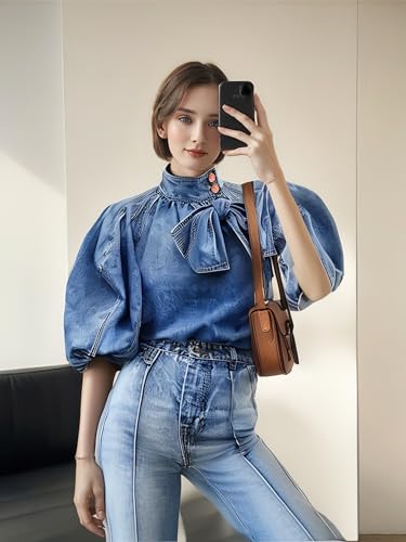 Women's Bow Design Denim Pullover Top Button Up High Neck Fashionable Jacket with Elastic and Puff Sleeves3