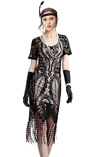 Image of Women 1920s Gatsby Flapper Dress Sexy Open Back Strap Fringed Cocktail Party Dress with 20s Accessories