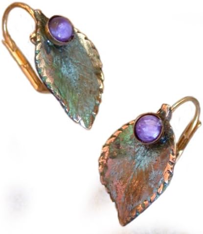 Olive Patina Brass Sculptural Leaf Earrings - Charoite - USA Made