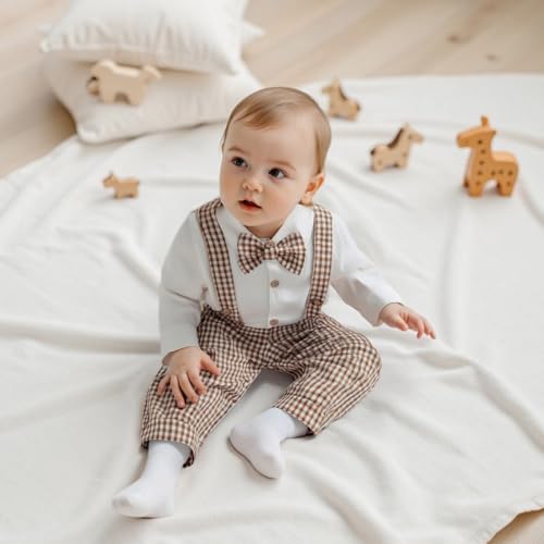 Baby Boy Clothes Set Infant Bow Tie Button Down Shirt Bodysuit Top Suspender Pants 2Pcs Fall Winter Outfit2