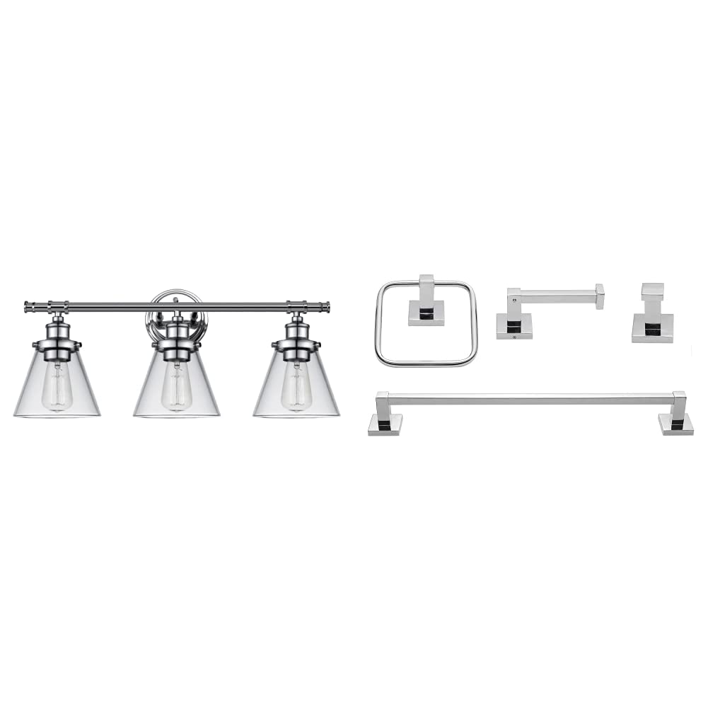 Globe Electric 51445 Parker 3-Light Chrome Vanity Light Fixture with Clear Glass Shades + 51368 Finn 4-Piece Polished Chrome Bathroom Hardware Accessory Kit with Towel Bar, Towel Ring, Robe Hook