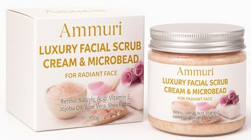 Ammuri Retinol Luxury Facial Exfoliating Scrub Cream + Microbeads + Rose for Youthful Radiant Skin - Best ojoba Oil, Aloe Vera, Shea Butter Face Care Scrub Cream