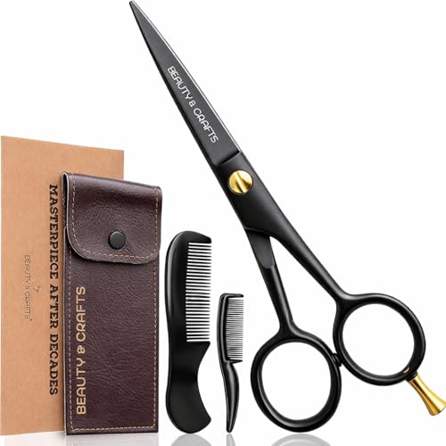 Beauty & Crafts- 5'' German Beard Mustache Scissors - 2 Mustache Comb for Facial Hair with Beautiful Pouch - Beard Trimming Scissors Use for Grooming, Cutting, and Styling of Mustache (Black)