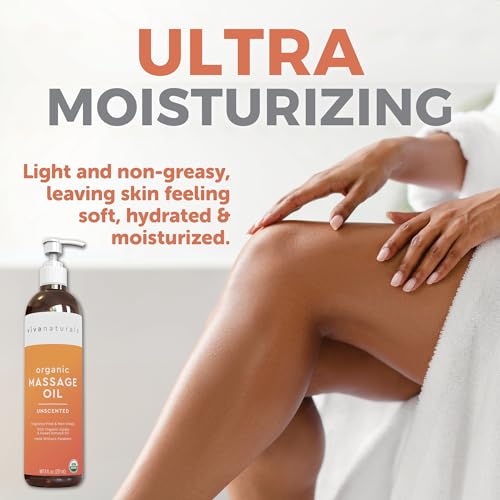Image of Viva Naturals Organic Massage Oil Unscented (8 fl. oz.) - Non-Greasy Body Oil with Mess-Free Pump, Moisturizing Massage Oils for Massage Therapy, Non-GMO and Certified Organic, 237 mL