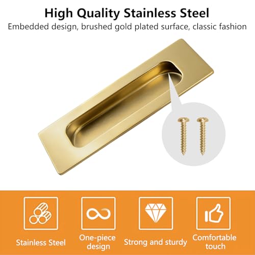 Image of MOROBOR 2pcs Square Bright Gold Flush Pull Recessed Finger Pulls, Length Sliding Door Handles Concealed Handle Stainless Steel Cabinet Pulls for Wardrobe Drawer