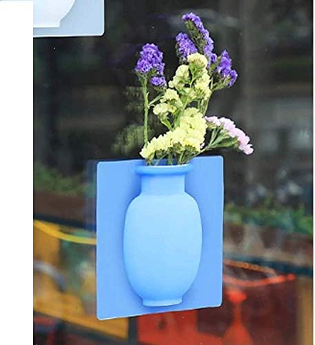 Dhyani E Store Plastic Removable Reusable Elastic Self Adhesive Magic Hanging Sticky Silicone Flower Plant Vase (15 x 15 cm, Blue)