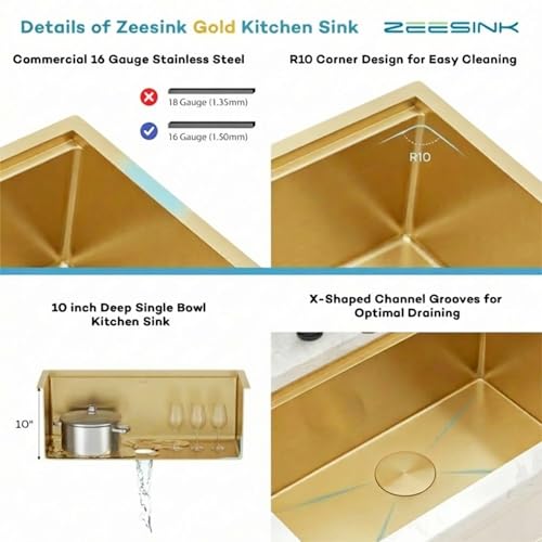 Zeesink 30 inch Gold Sink,Undermount Single Bowl Kitchen Sinks,16 Gauge Stainless Steel Workstation Kitchen Sink (Gold, 30 X 18 inch) by Zeesink - Used condition - Image 6