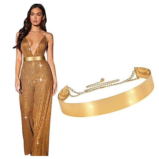 XZQTIVE Metal Waist Belt Women Shiny Polished Mirror Gold Chain Belts Metallic Waistband Adjustable Body Link Dress Belts (Gold, 1.57'' Width)