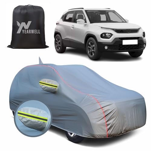 Image of Car Body Cover for Tata Punch, 100% Waterproof, Heat-Resistant with Mirror & Antenna Pockets, Soft Cotton Lining, Triple Stitched, Green Reflector (Metallic Grey)