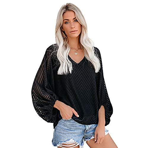 GWL Frauen Casual Einfarbig Spitze T-Shirts Lange Ärmeln Chiffon Plus Größe Top Frauen Kleidung Lose Pullover V Neck Black/S Cover