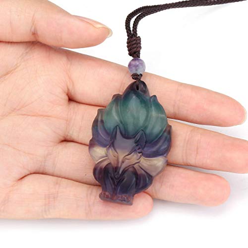 Jovivi Natural Fluorite Nine-Tailed Fox Crystal Necklace Healing Stones Gemstone Necklaces Pendant Protection Amulet Charm #TOP6