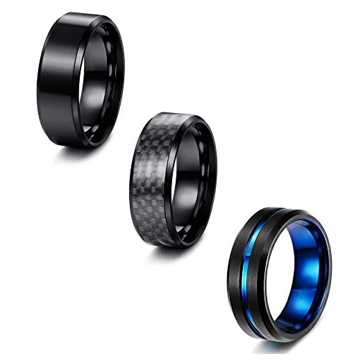 MILACOLATO 3 st ringar i rostfritt stål för män 8 mm ringar kolfiber svart pläterad berlock man ringar bröllop löfte band ring cool ring storlek O-Z1/3 e Ingen metall, O, cod. MLU-Z-R0028-7
