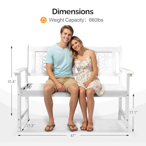 Image of VINGLI 47 inch Outdoor Wood Bench, All Weather Outdoor Wooden Patio Garden Bench, Outside Loveseat 660lbs Capacity for Front Porch Park Entryway (White)
