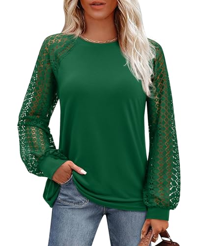 Green Blouses for Women Dressy Casual Spring Work Clothes for Women Business Casual lace Long Sleeve top Formal Office Attire Raglan Sleeve Tunic Vocation Christmas Outfits Brunch Picnic wear L