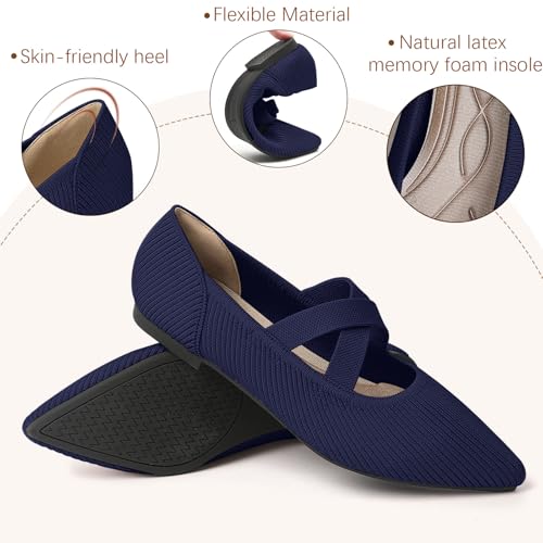 Image of TINGRISE Womens Mary Jane Flats Knit Ballet Flats for Women Pointed Toe Dressy Comfortable Slip-On Flats Shoes for Work Casual