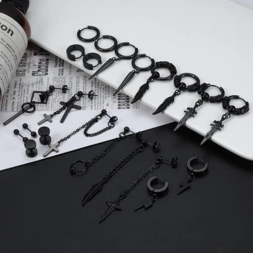 Men Black Stud Earrings Dochais 22 PCS Gothic Punk Cross Dangle Earrings Set Chain Feather Star Hoop Earrings Kpop Earrings Stud for Cool Men Women Jewelry Piercing