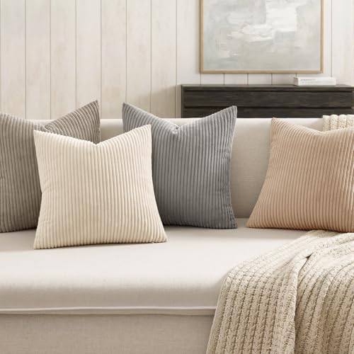 Image of MIULEE Boho Farmhouse Neutral Cream Throw Pillow Covers 20x20 Inch Set of 4 Mordern Nordic Cushion Covers Soft Corduroy Spring Home Decor for Couch Bed Sofa Living Room