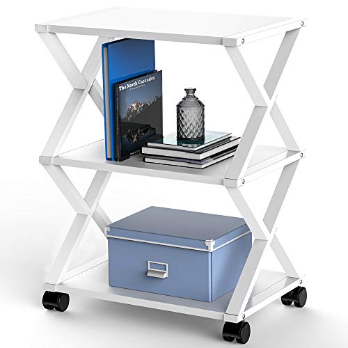 FITUEYES Soporte para Impresora con Ruedas X Estructura Metal Madera Blanco 3 Estantes para Oficina Hogar Cocina Almacenamiento 59.5x45.5x30.3cm DO304505WW