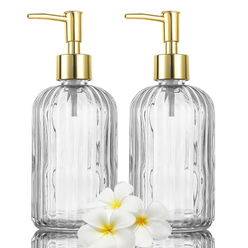 2 Pack Versatile Glass Soap Dispenser Bottle with Pump, 17 Oz Dripless Pump Bottle, Refillable Liquid Hand Jar Dispenser for Bathroom, Countertop, Kitchen, Laundry Room - Clear&Grey