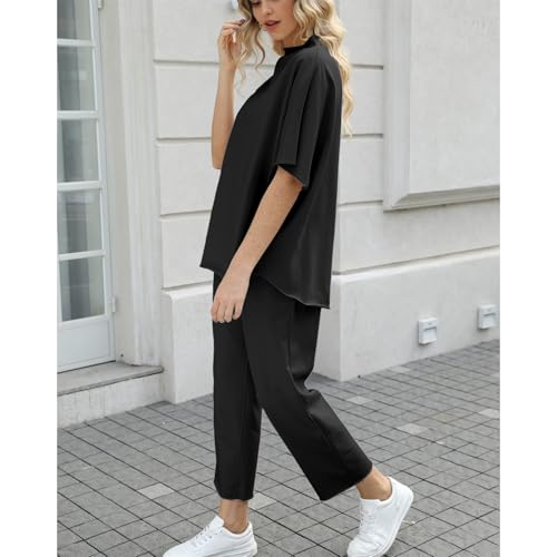 Image of SeeLuNa Women's Two Piece Outfits 3 /4 Batwing Sleeve Capelet Crew Neck Pullover Top Wide Leg Pants Lounge Set