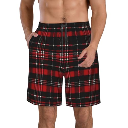 Red and Black Plaid Men's Swim Trunks Quick Dry Board Shorts with Pockets Casual Drawstring Beach Shorts